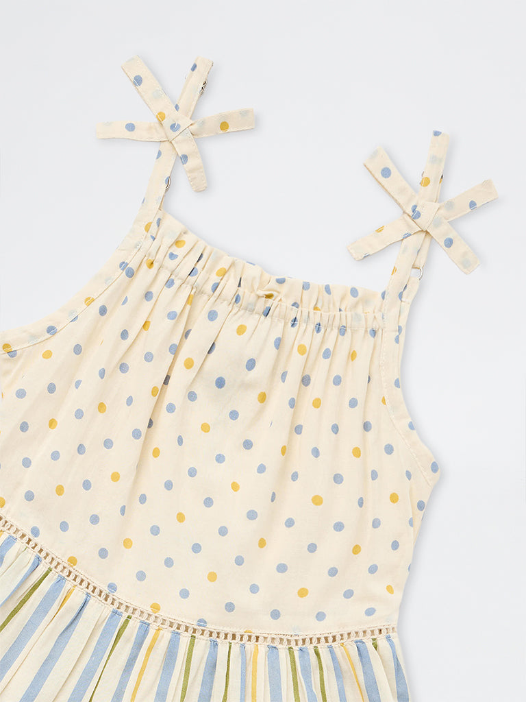 Utsa Kids Girls Cream Printed Cotton Tiered Dress - (2-8 yrs)