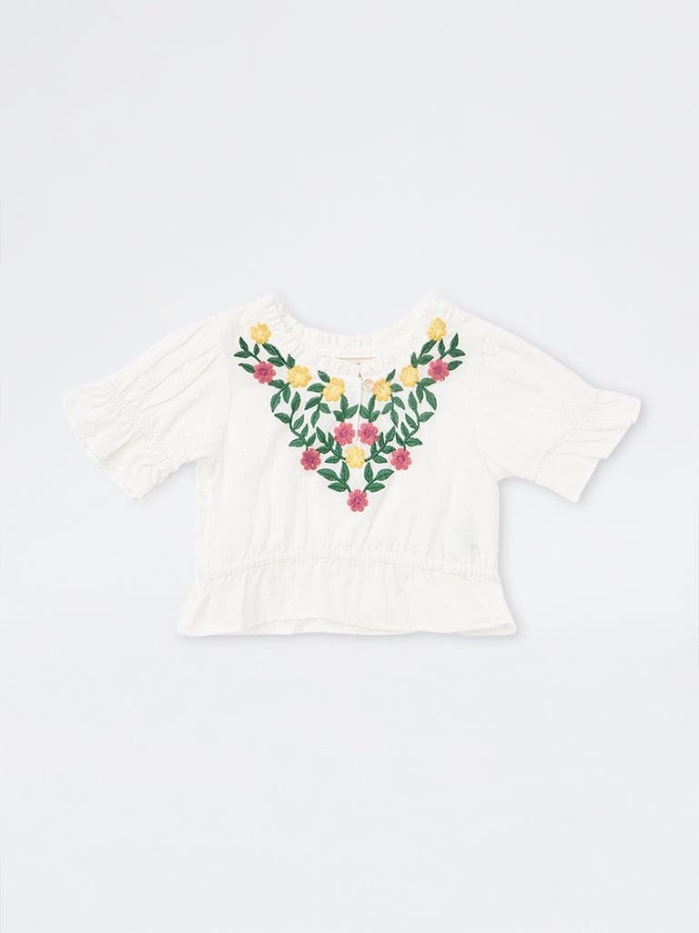 Utsa Kids Girls White Floral Embroidered Cotton Top (2-8 yrs)