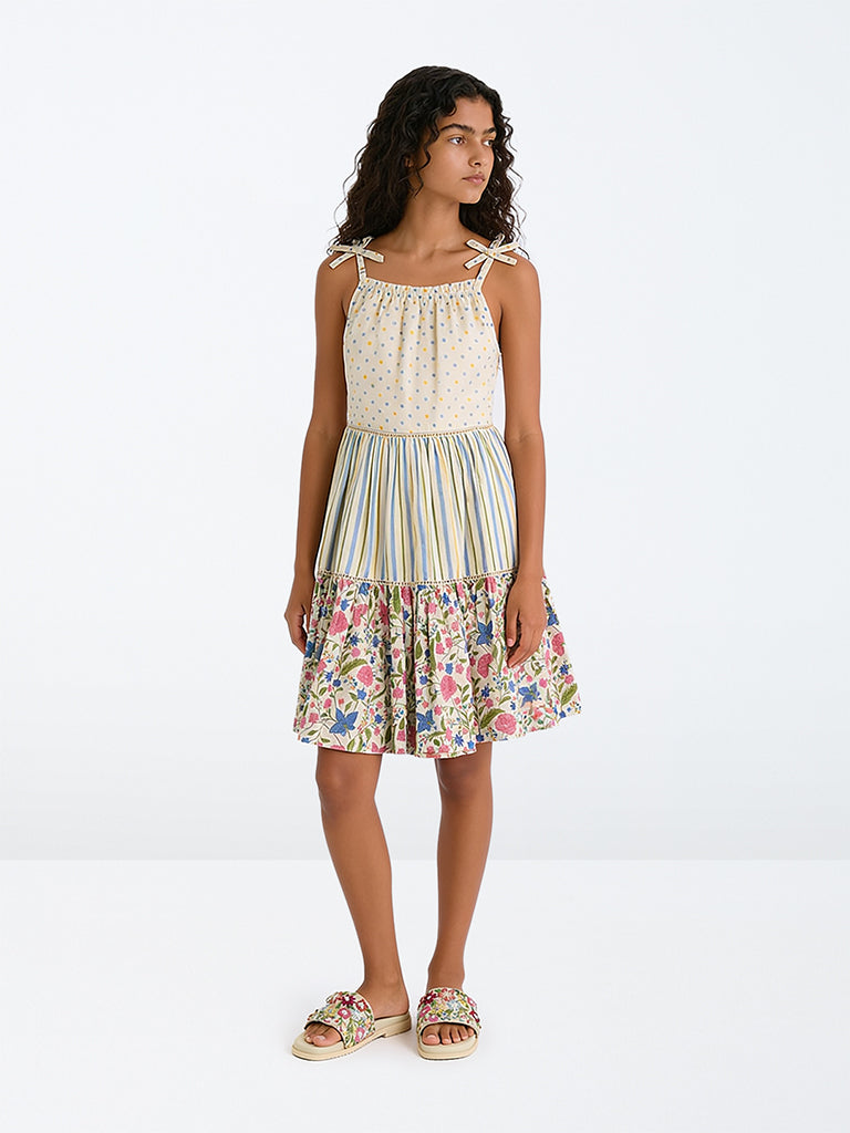 Utsa Kids Girls Multicolour Printed Cotton Tiered Dress - (8-14 yrs)