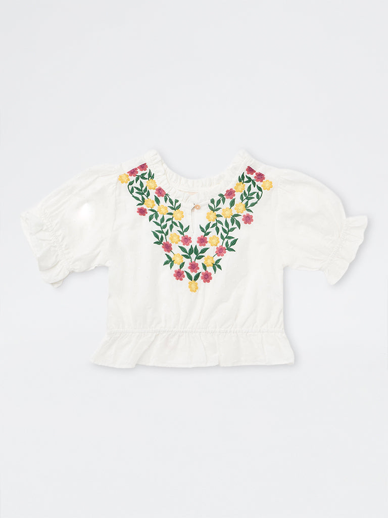 Utsa Kids Girls White Floral Embroidered Cotton Top (8-14 yrs)