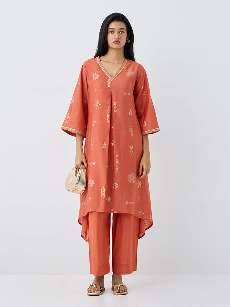 Utsa Orange Printed A-Line Kurta