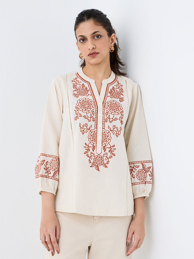 Utsa Off-White Floral Detailed Cotton-Blend Tunic