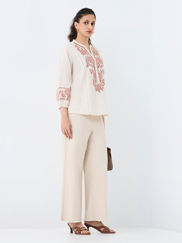 Utsa Off-White Floral Detailed Cotton-Blend Tunic
