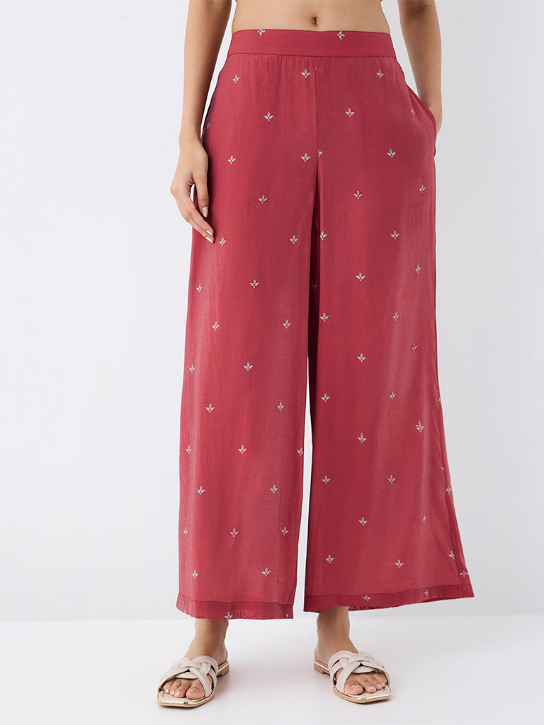 Utsa Red Floral Printed Pants