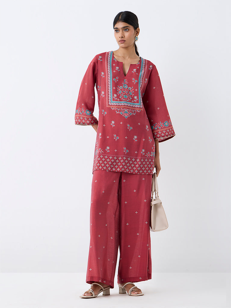 Utsa Red Floral Printed Pants