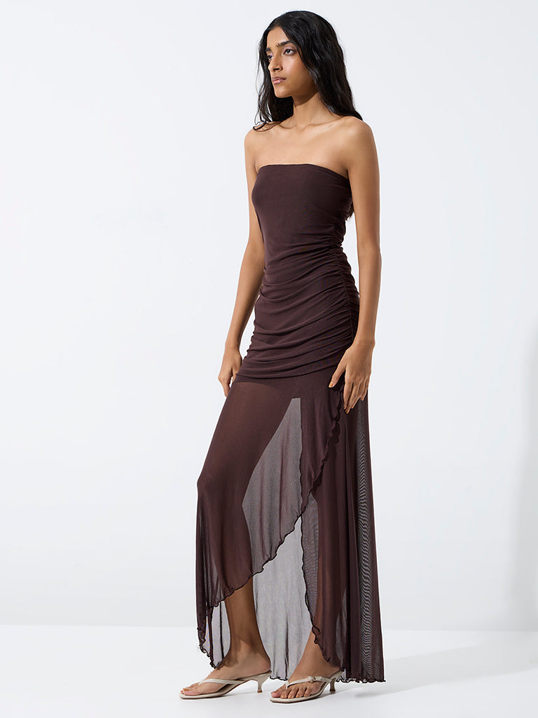 Nuon Brown Sheer Overlay Tube Dress