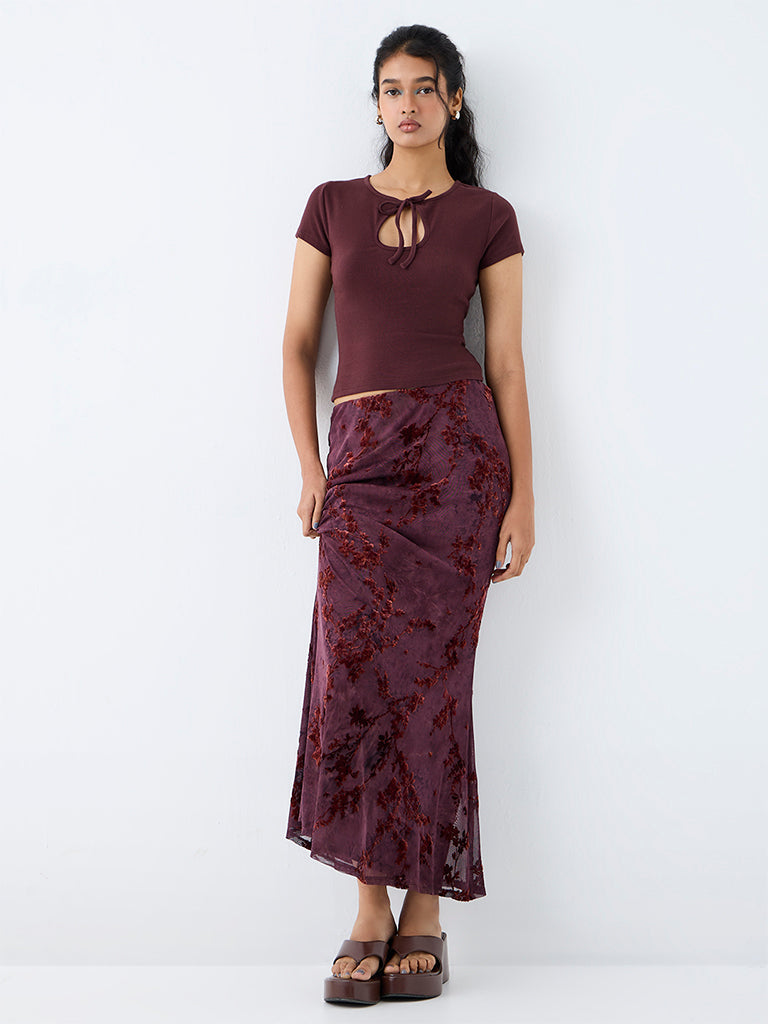Nuon Dark Plum Floral Printed High-Rise Maxi Skirt