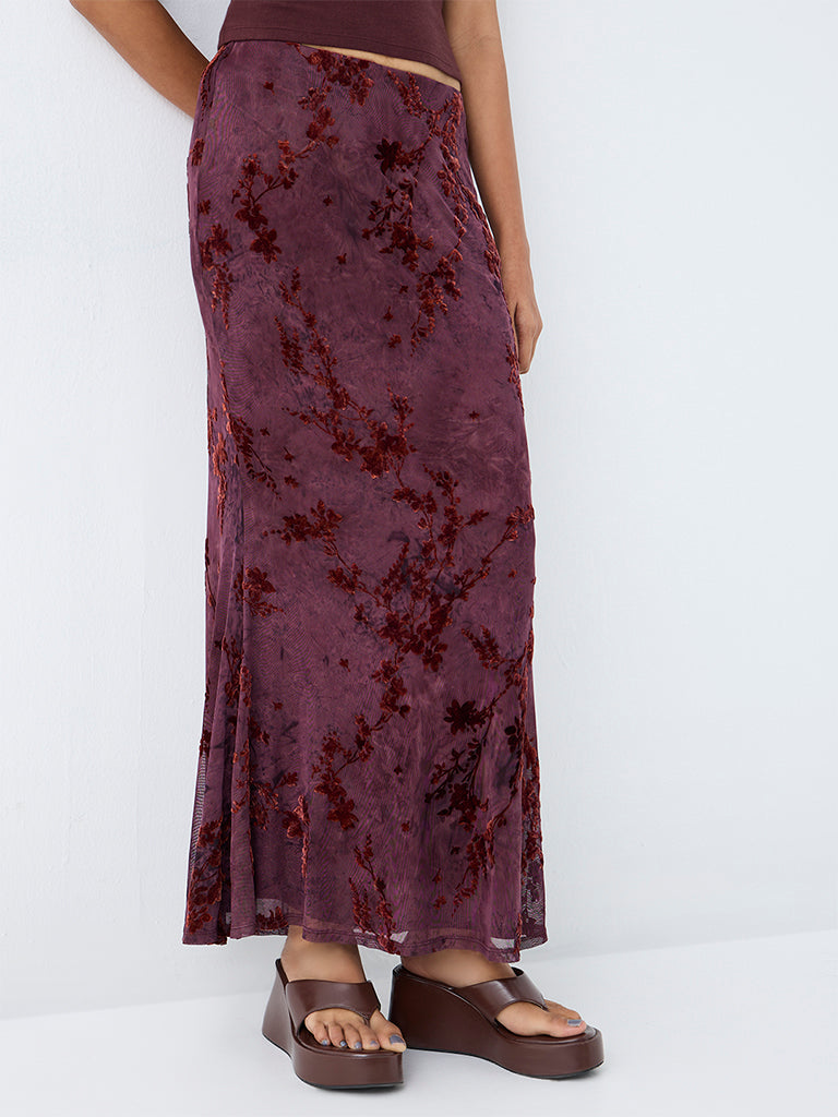 Nuon Dark Plum Floral Printed High-Rise Maxi Skirt
