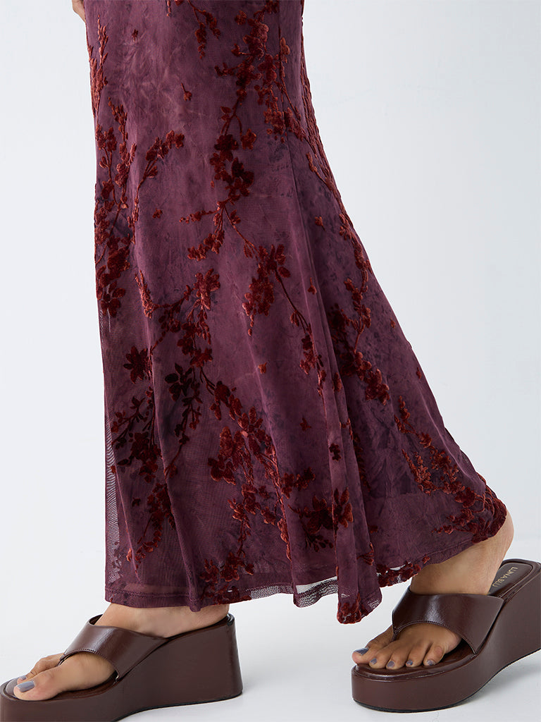 Nuon Dark Plum Floral Printed High-Rise Maxi Skirt