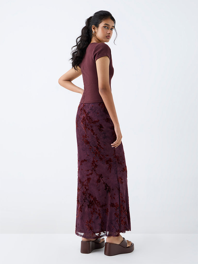 Nuon Dark Plum Floral Printed High-Rise Maxi Skirt