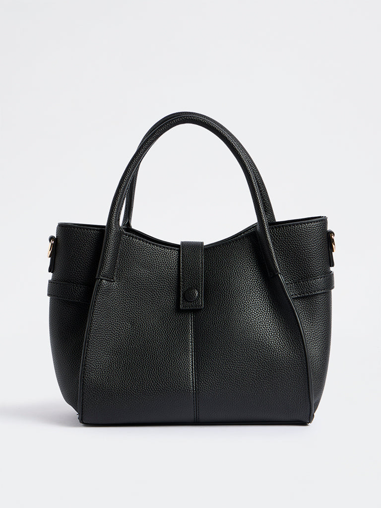 Westside Black Textured Handbag with Sling Handle