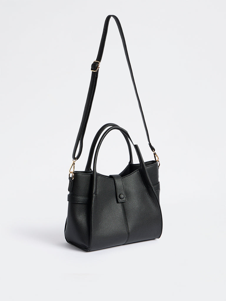 Westside Black Textured Handbag with Sling Handle