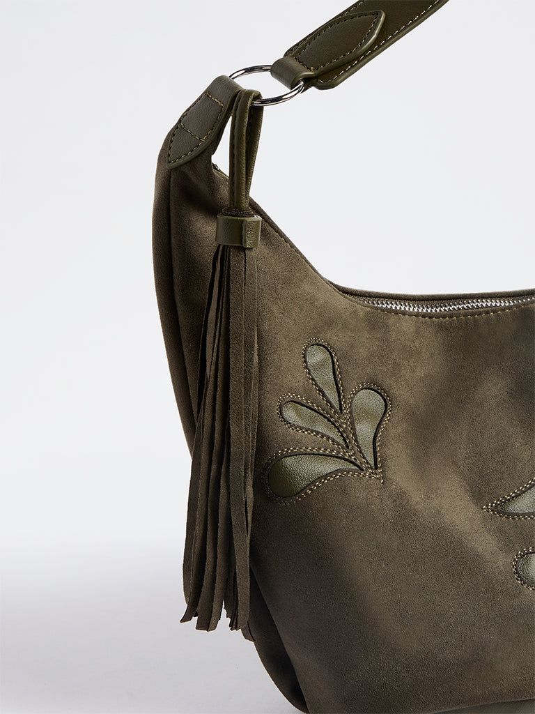 Westside Dark Olive Botanical Design Suede Hobo Shoulder Bag