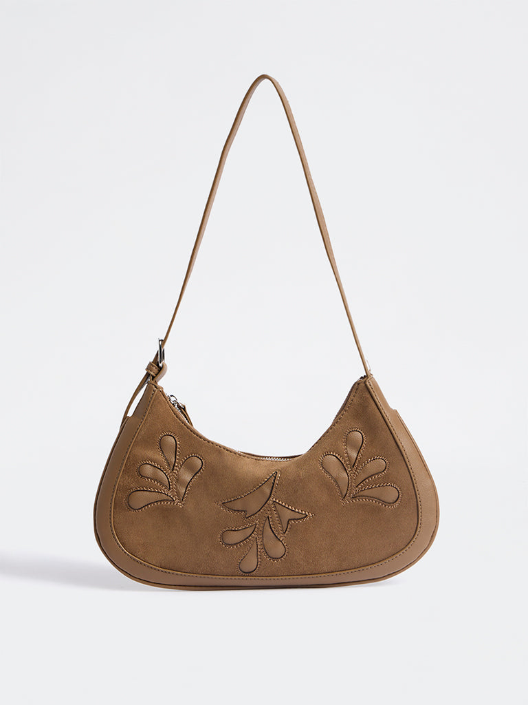 Westside Brown Botanical Design Suede Shoulder Bag