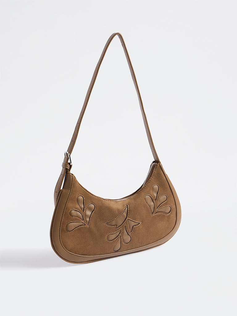 Westside Brown Botanical Design Suede Shoulder Bag