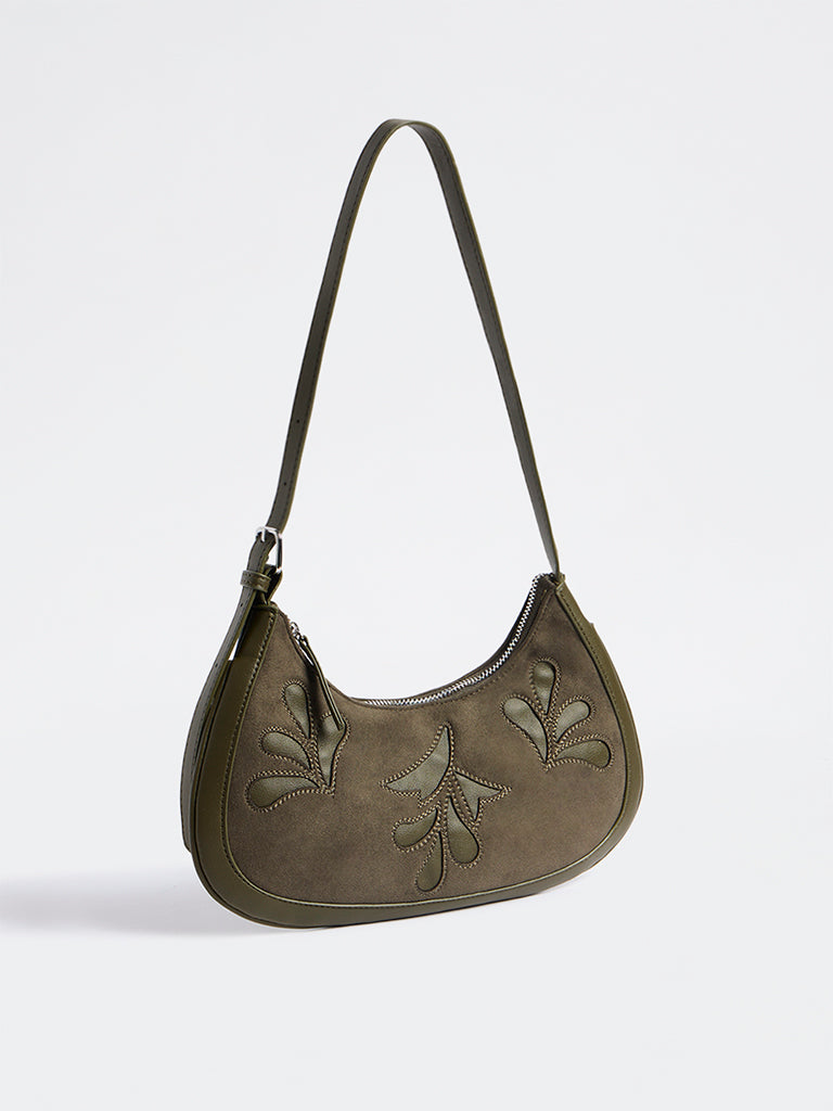Westside Dark Olive Botanical Design Suede Shoulder Bag