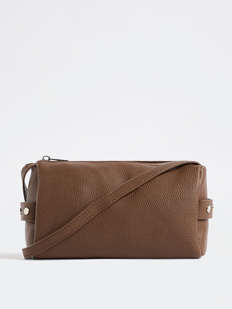 Westside Brown Textured Stud-Detail Sling Bag