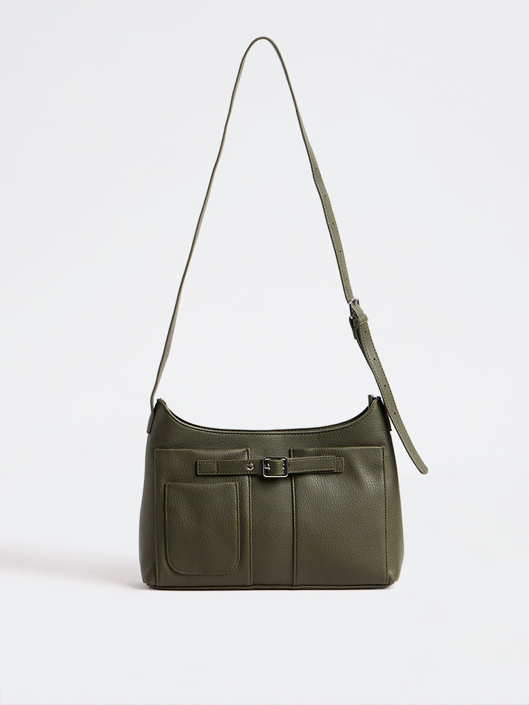 Westside Olive Textured Buckle-Detail Crossbody Sling Bag