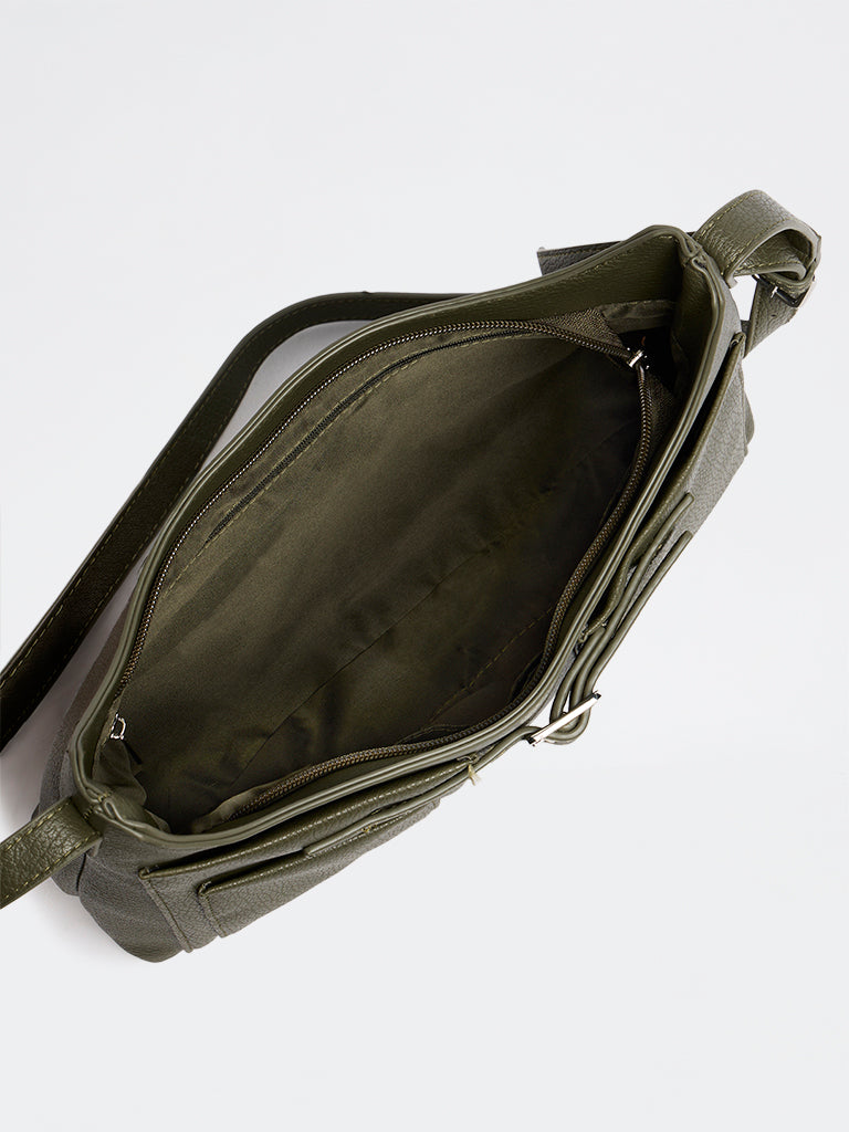 Westside Olive Textured Buckle-Detail Crossbody Sling Bag