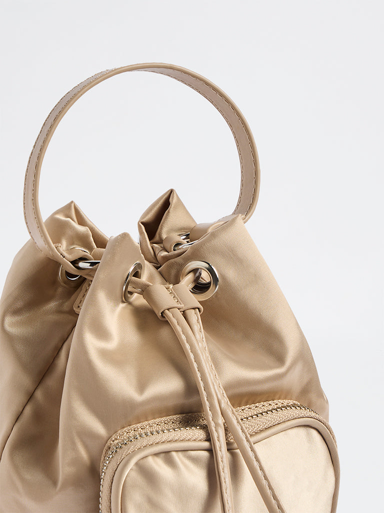 Westside Beige Drawstring-Detail Bucket Sling Bag