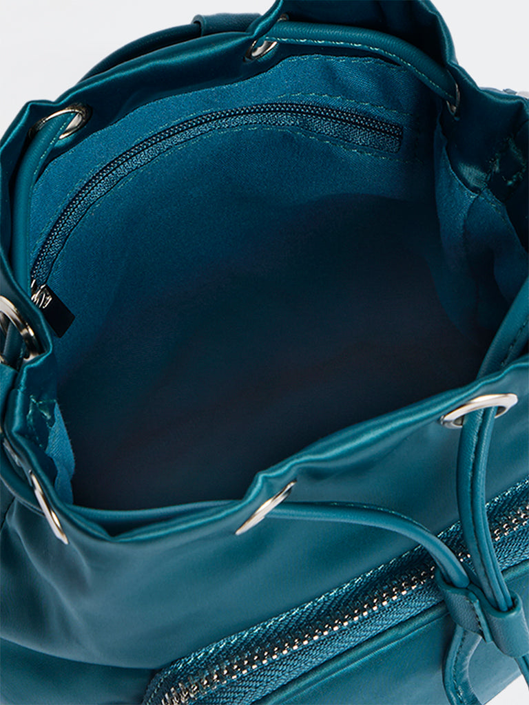 Westside Teal Drawstring-Detail Bucket Sling Bag