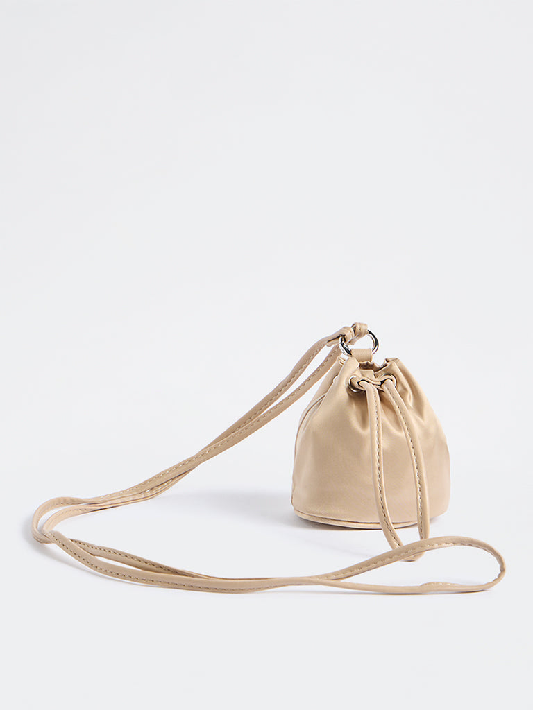 Westside Light Beige Drawstring-Detail Nano Bucket Sling Bag