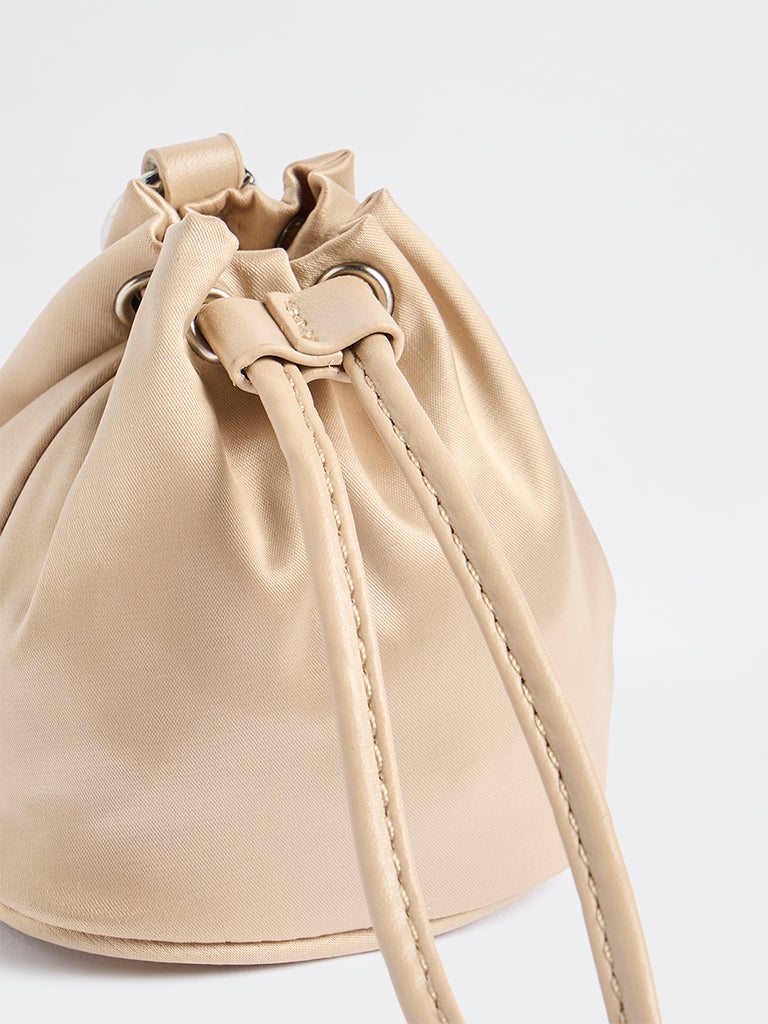 Westside Light Beige Drawstring-Detail Nano Bucket Sling Bag