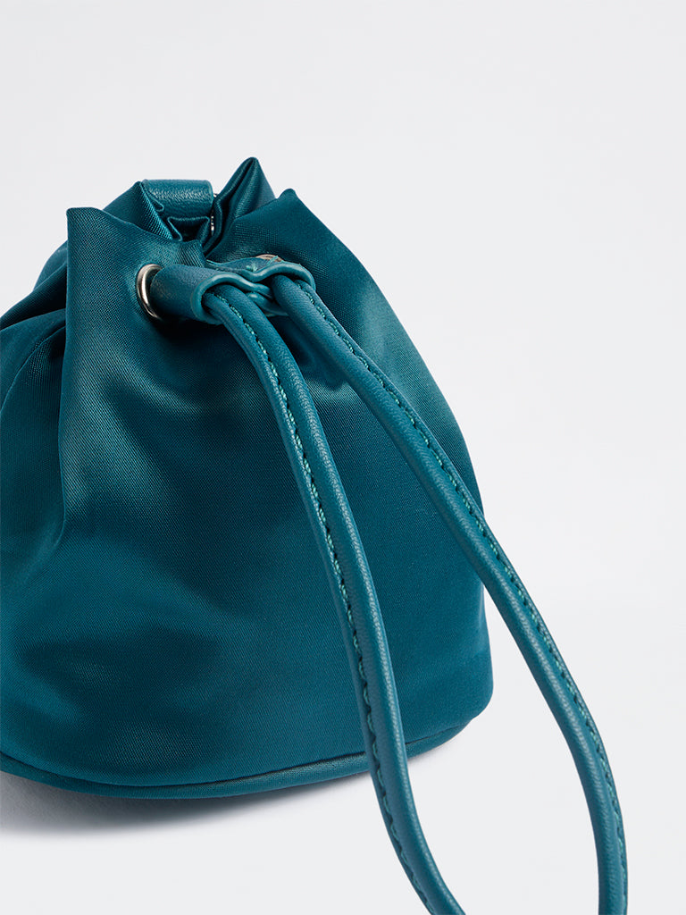 Westside Teal Drawstring-Detail Bucket Sling Bag