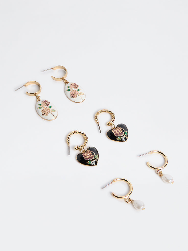 Westside Accessories Black and White Floral Hoop Earrings - Pack of 3