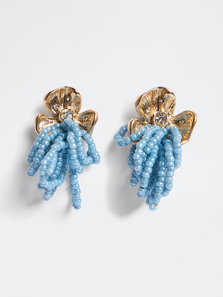 Westside Accessories Gold and Blue Beaded Floral Stud Earrings