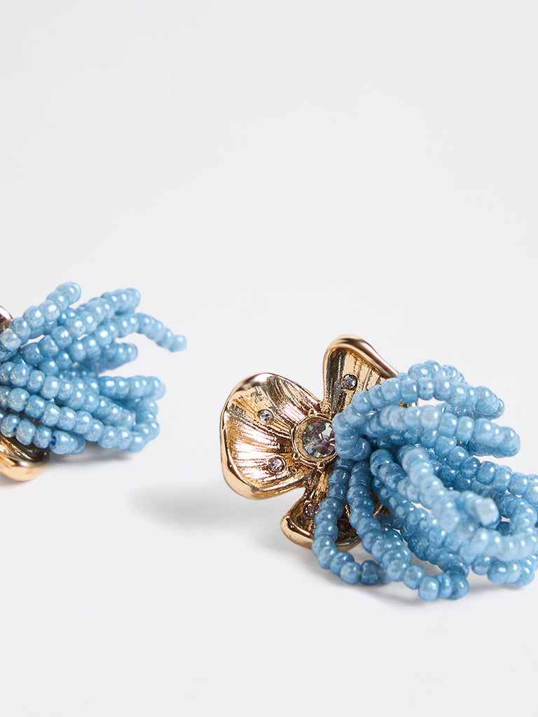Westside Accessories Gold and Blue Beaded Floral Stud Earrings