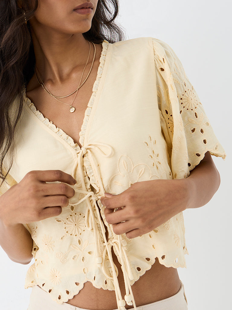 LOV Light Yellow Schiffli Embroidered Blouse