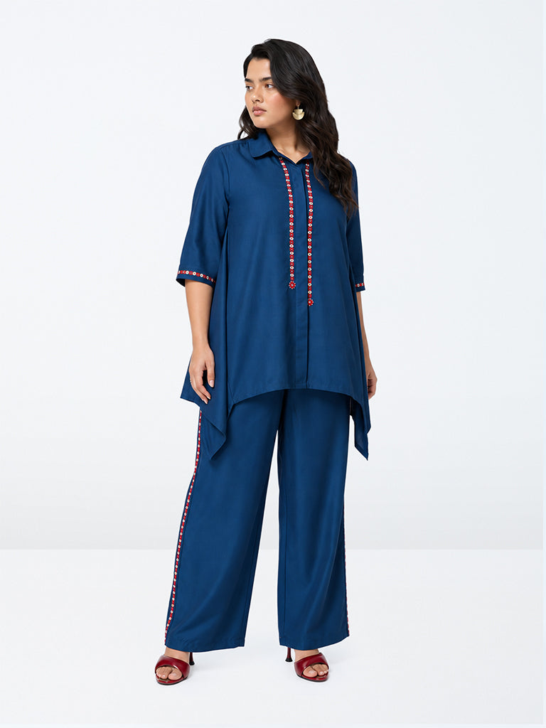 Diza Dark Blue Embroidered Pants