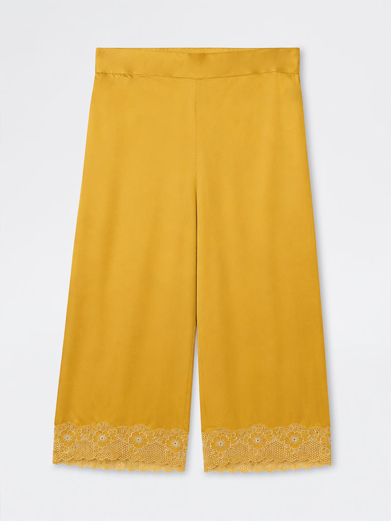 Diza Mustard Floral Lace-Detail Pants