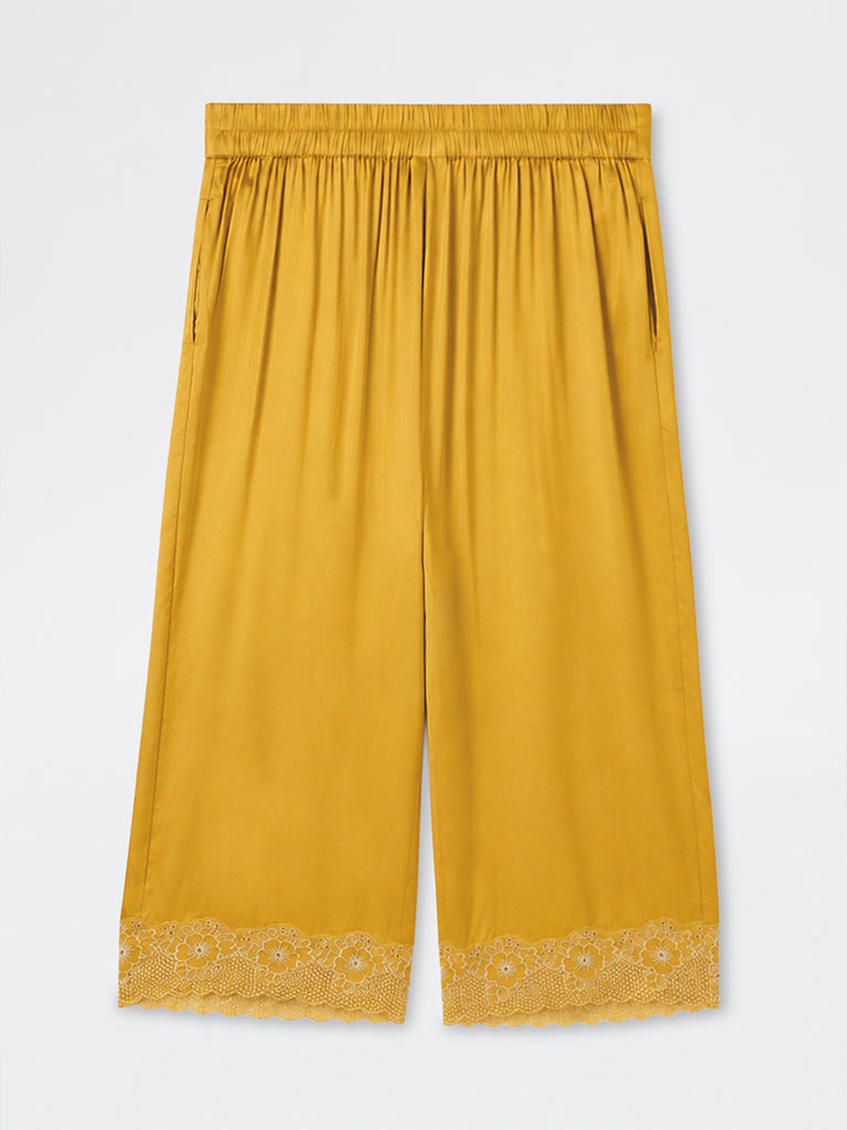 Diza Mustard Floral Lace-Detail Pants