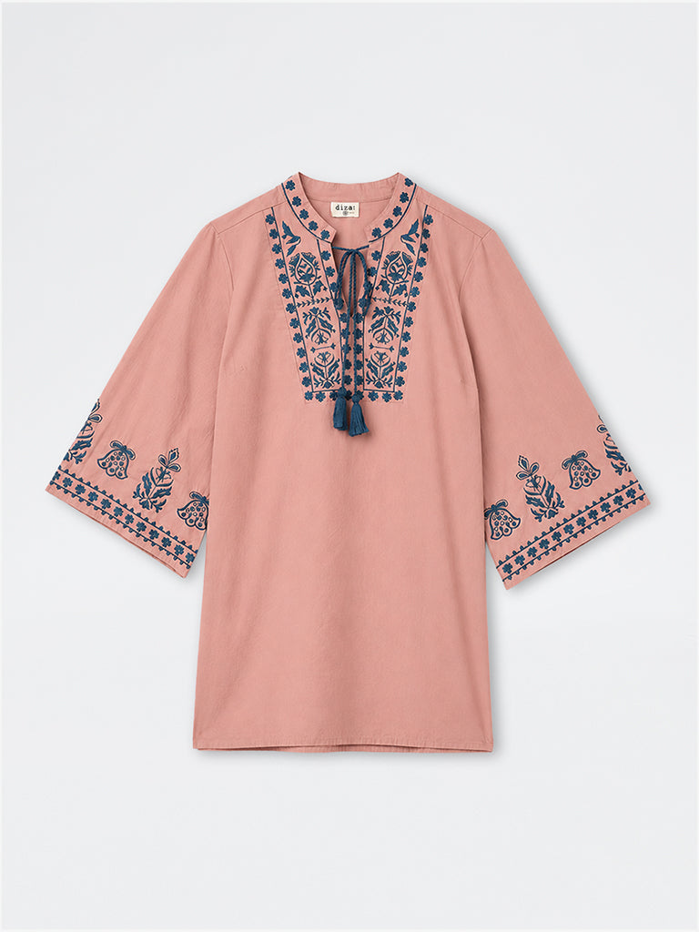 Diza Dusty Pink Floral Embroidered Cotton Tunic