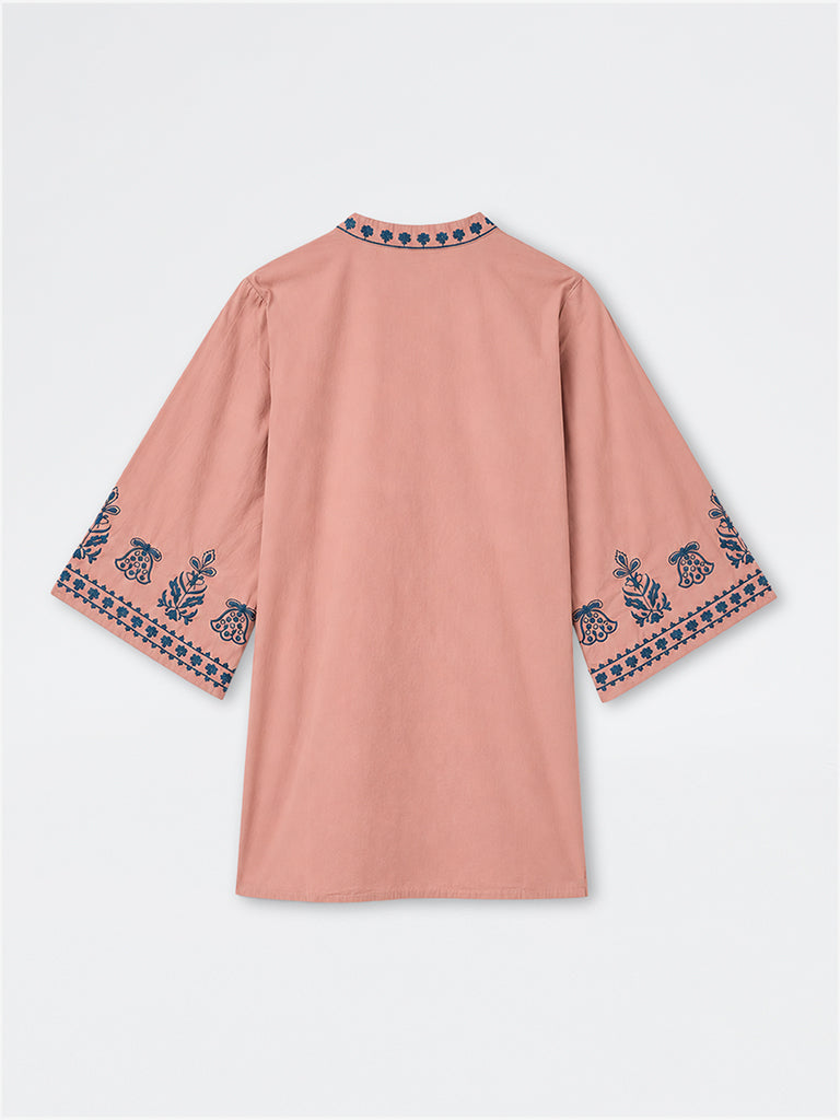 Diza Dusty Pink Floral Embroidered Cotton Tunic