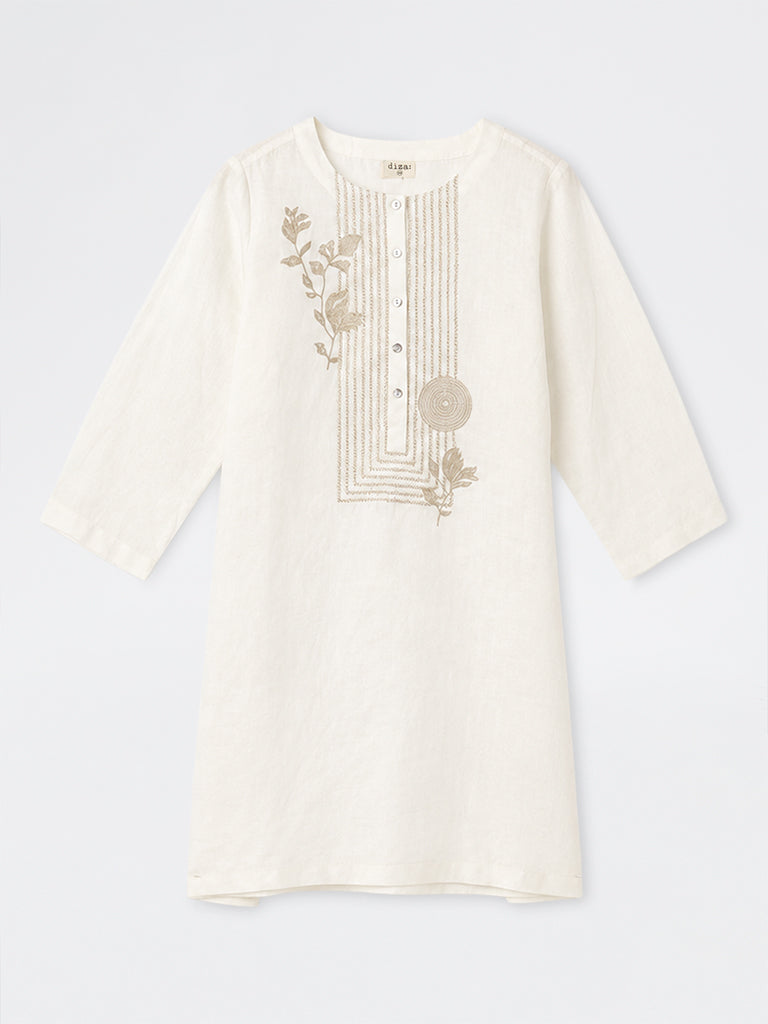 Diza Off-White Floral Embroidered Linen Straight Kurta