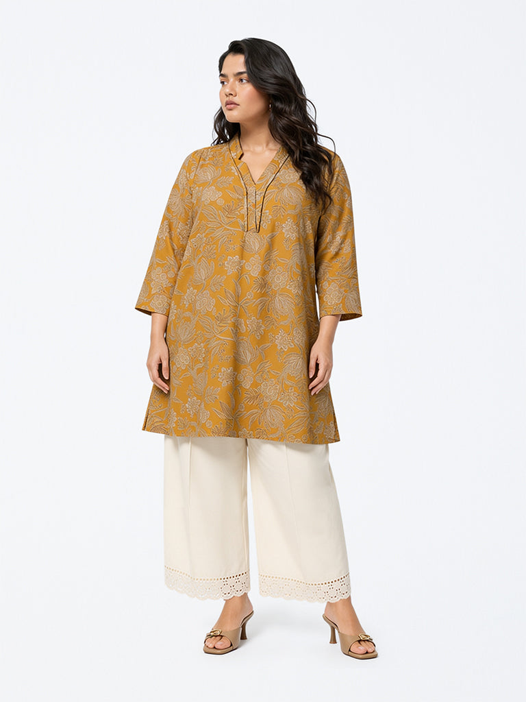 Diza Mustard Floral Printed Asymmetrical Kurta