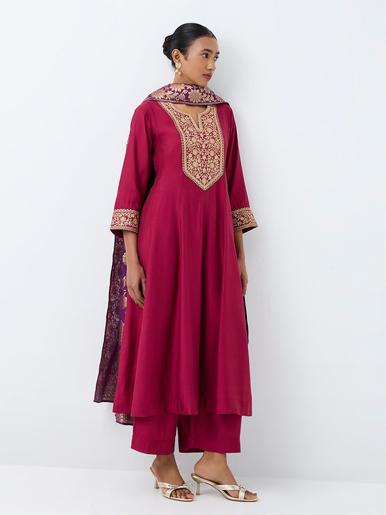 Vark Magenta Floral Embroidered Flared Ethnic Set