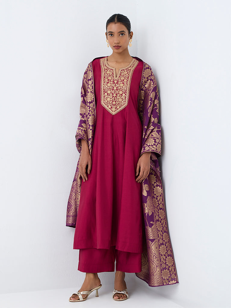 Vark Magenta Floral Embroidered Flared Ethnic Set