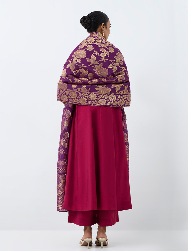 Vark Magenta Floral Embroidered Flared Ethnic Set