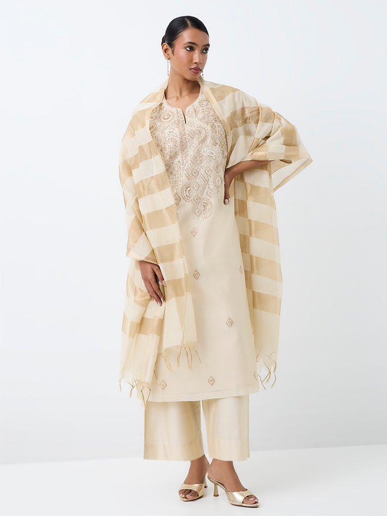Vark Beige Embellished A-Line Ethnic Set