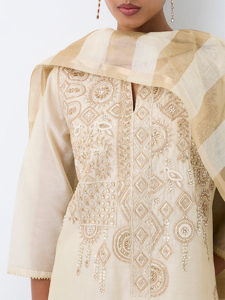 Vark Beige Embellished A-Line Ethnic Set
