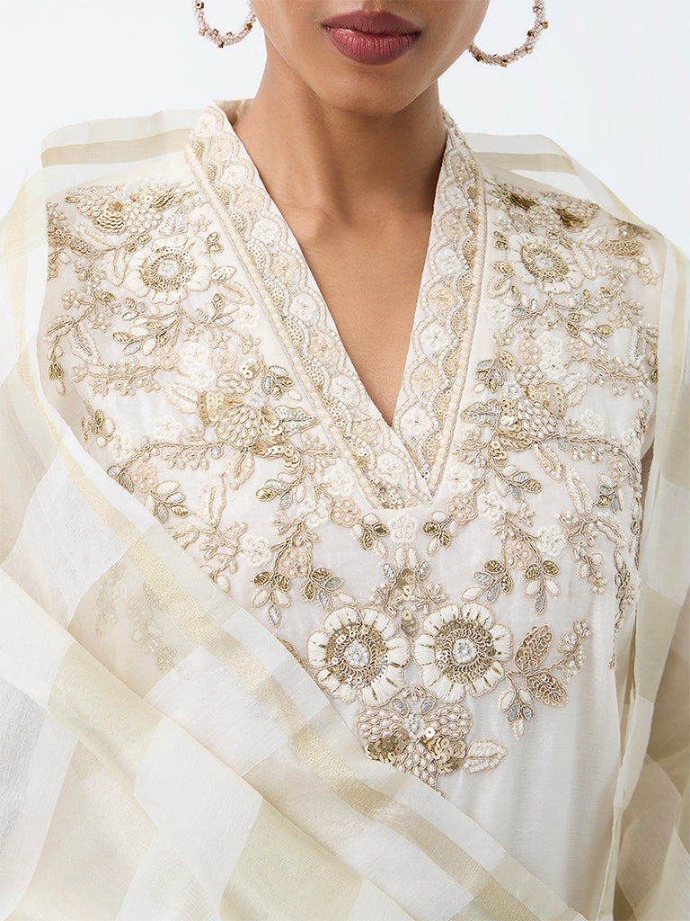 Vark Ivory Floral Embellished Cotton-Blend A-Line Ethnic Set