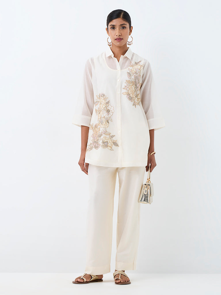 Vark Ivory Floral Embellished Sheer Cotton-Blend Co-Ord Set