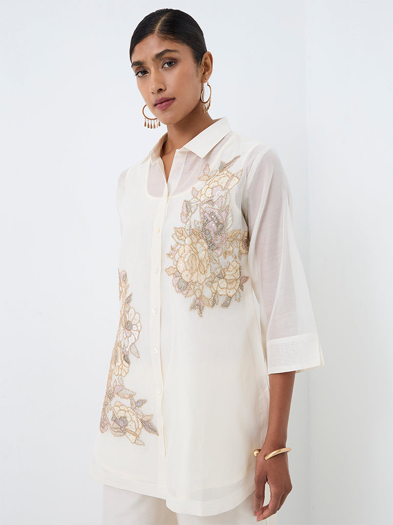 Vark Ivory Floral Embellished Sheer Cotton-Blend Co-Ord Set
