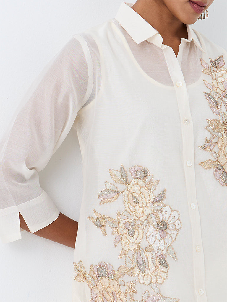 Vark Ivory Floral Embellished Sheer Cotton-Blend Co-Ord Set