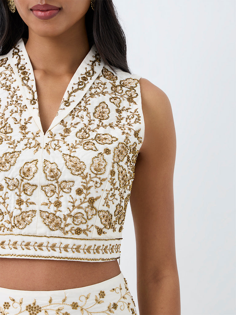 Vark Off-White Botanical Embellished Crop Top