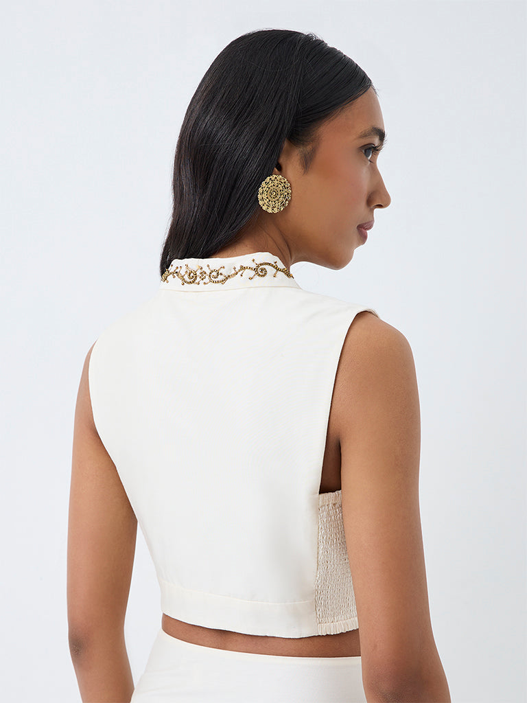 Vark Off-White Botanical Embellished Crop Top
